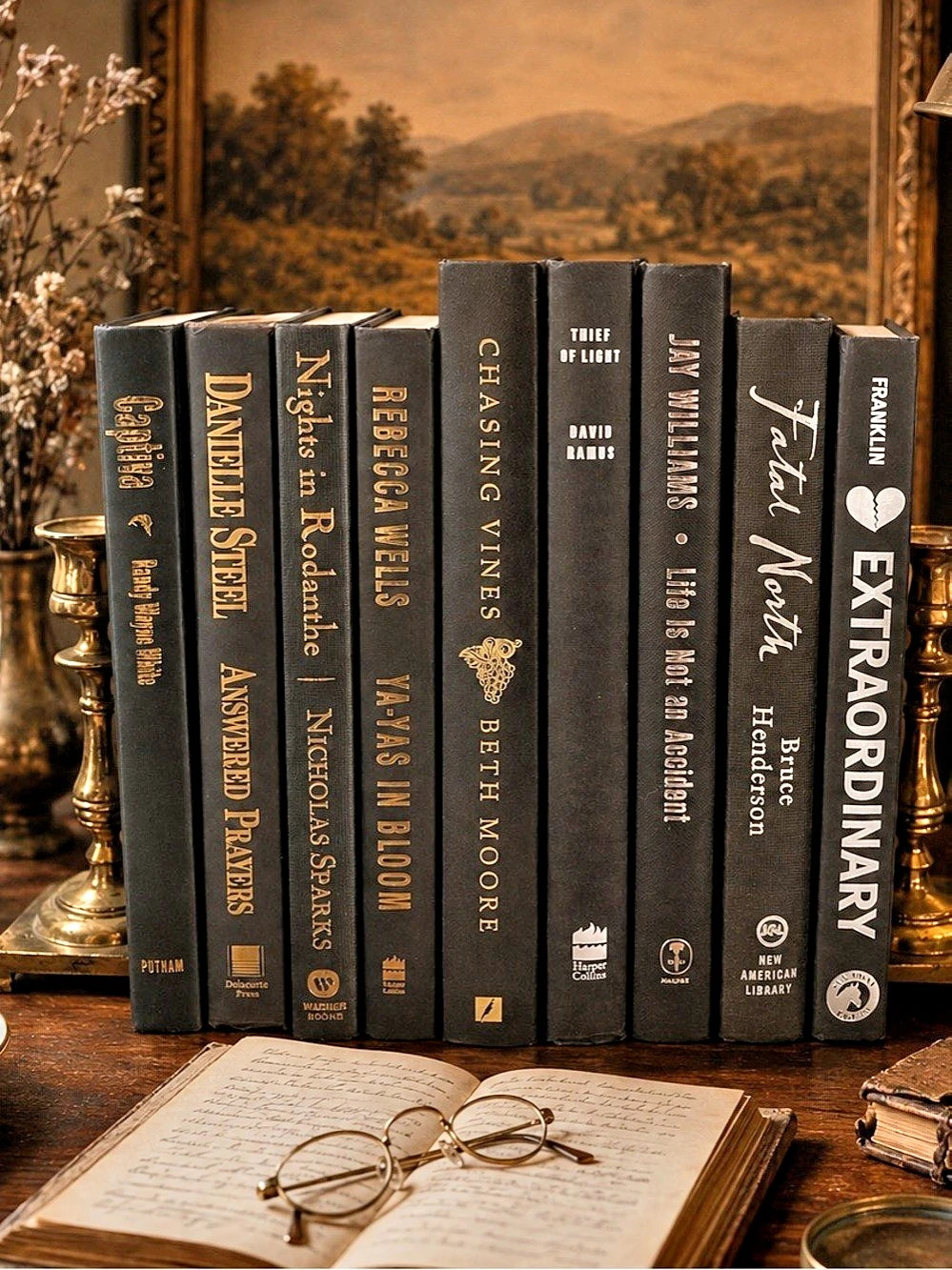 Vintage Black Hardcover Book Collection – Gold Lettering – Classic Library Décor